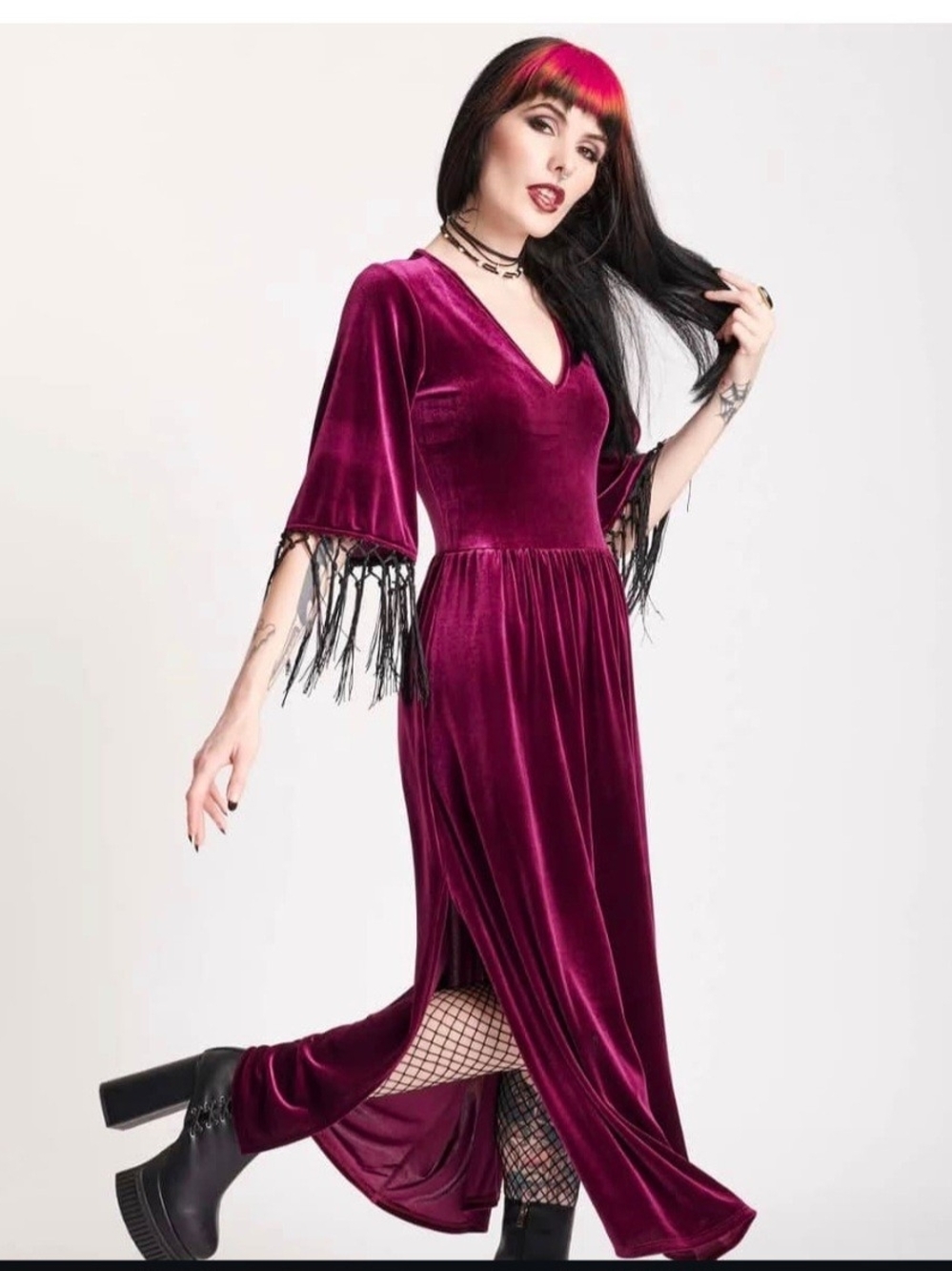 Midnight Hour Velvet Maxi Dress in Deep Magenta With Fringe Sleeves XL